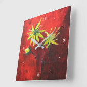 Gelbe Blumen Roter Hintergrund Malerei Quadratische Wanduhr (Winkel)