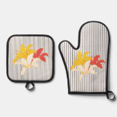 Gelbe Blumen Schwarz-weiß Streifen Ofenhandschuh & Topflappen-Set (Vorderseite)