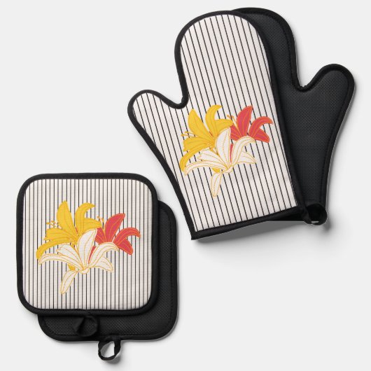 Gelbe Blumen Schwarz-weiß Streifen Ofenhandschuh & Topflappen-Set (Vorderseite/Rückseite)