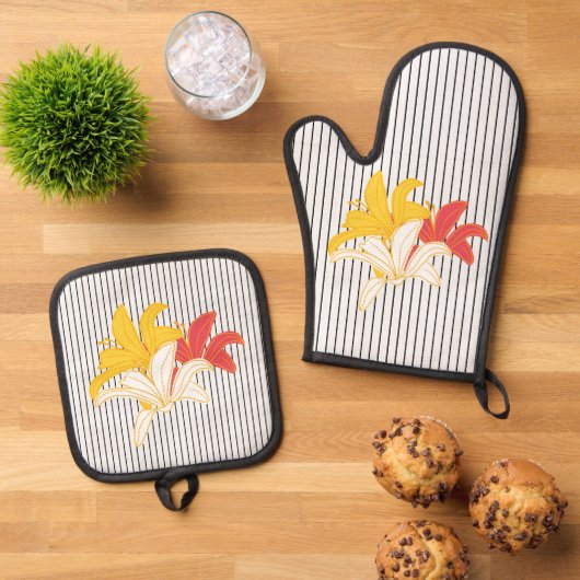 Gelbe Blumen Schwarz-weiß Streifen Ofenhandschuh & Topflappen-Set (Oben Unten)