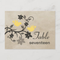 Gelbe Blumen-Turteltauben-Tischnummern-Postkarte