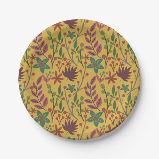 Gelbe Blumen und Blätter mit nahtlosem Blumenmuste Pappteller (Vorderseite)