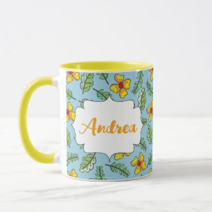 Gelbe Blumen und Blätter Name Tasse
