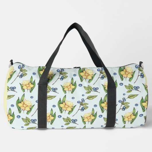 Gelbe Blumen und Blaubeeren Duffle Bag (Vorderseite)