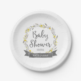 Gelbe Blumen und graue Blätter Kinderdusche Pappteller