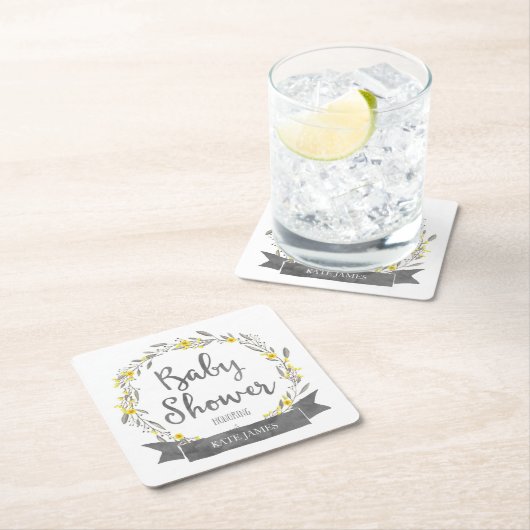 Gelbe Blumen und graue Blätter Kinderdusche Rechteckiger Pappuntersetzer (Vor Ort)