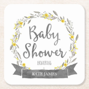 Gelbe Blumen und graue Blätterwreath-Baby-Dusche Rechteckiger Pappuntersetzer