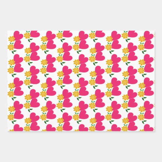 Gelbe Blumen und rosa Herzen Geschenkpapier Set (Vorderseite 2)
