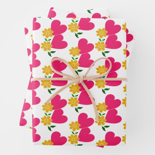 Gelbe Blumen und rosa Herzen Geschenkpapier Set (Beispiel)