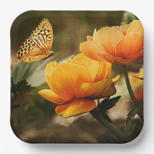 Gelbe Blumen und Schmetterling Pappteller (Vorderseite)