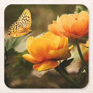 Gelbe Blumen und Schmetterling Rechteckiger Pappuntersetzer