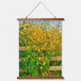 Gelbe Blumen und Zaunband Wandteppich Mit Holzrahmen