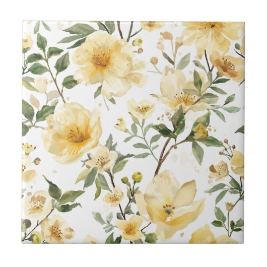 Gelbe Blumenaquarell-Botanischer Garten Fliese (Vorderseite)