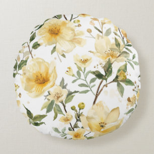 Gelbe Blumenaquarell-Botanischer Garten Rundes Kissen