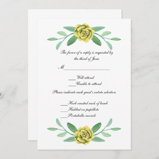 Gelbe Blumengrün Foliage Hochzeitreaktion Einladung (Vorne/Hinten)