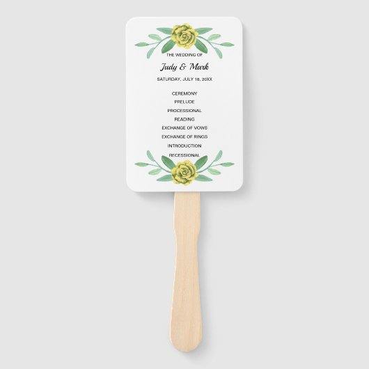 Gelbe Blumengrün-Foliage-Hochzeitsprogramm Fächer (Vorderseite)