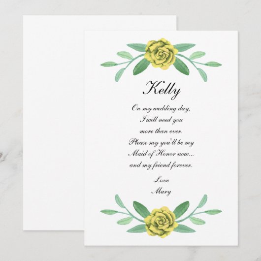 Gelbe Blumengrün Foliage Trauzeugin Card Einladung (Vorne/Hinten)