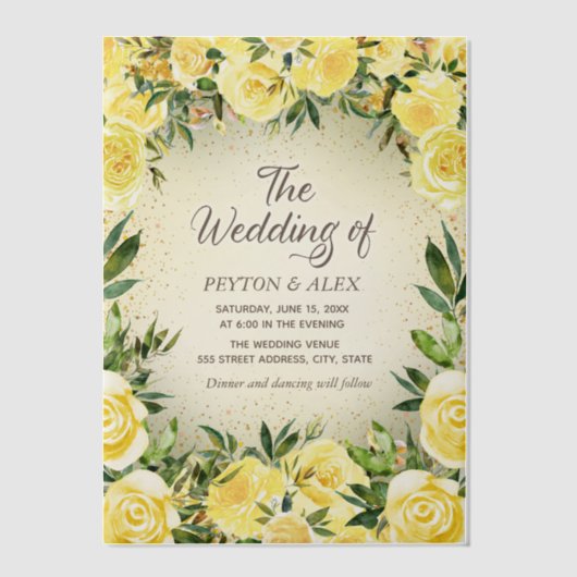 Gelbe Blumengrün Goldmedaille Glitzer Vellum Weddi Pergament Einladungen (Vorderseite)