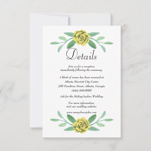 Gelbe Blumengrün - Hochzeitsdetails Ankündigung (Vorderseite)