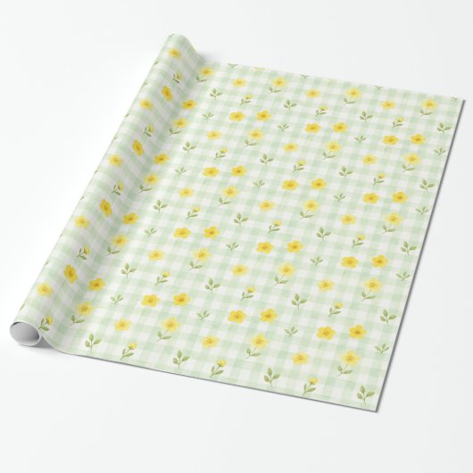 Gelbe Blumengrün kariert Wasserfarben Geschenkpapi Geschenkpapier (Ungerollt)
