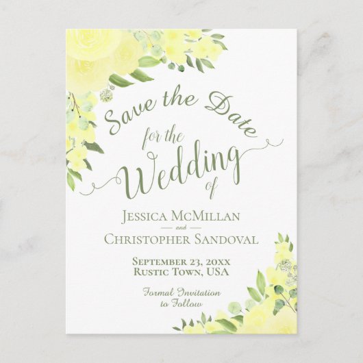 Gelbe Blumenhochzeit rettet die Datumskalligraphie Ankündigungspostkarte (Vorderseite)