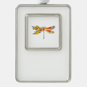 Gelbe Blumenlibelle Rahmen-Ornament Silber