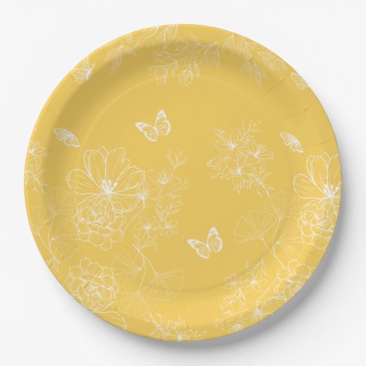 Gelbe Blumenmuster, blumenreich, Minimalistisch Pappteller (Vorderseite)