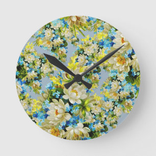 Gelbe Blumenmuster im Vintage-Stil Runde Wanduhr