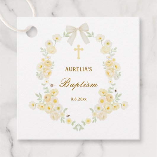 Gelbe Blumenrahmen Bogen Taufe Geschenkanhänger (Vorderseite)