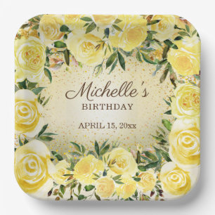 Gelbe Blumenrosen Gold Glitter Geburtstagsname Pa Pappteller