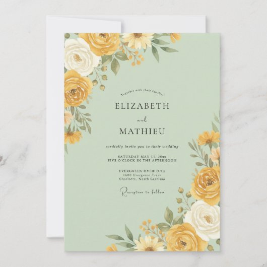 Gelbe Blumige Hochzeit Einladung (Vorderseite)