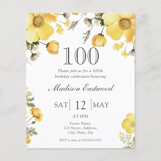 Gelbe Blüte 100. Geburtstag Einladung (Vorderseite)