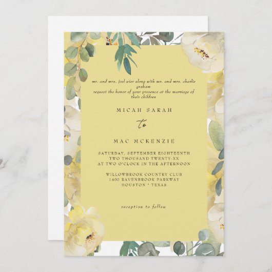 Gelbe Blüte beide Eltern Hochzeit Einladung (Vorne/Hinten)