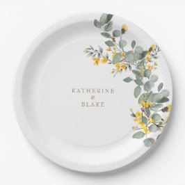 Gelbe Blüten- und Eukalyptusnamen Hochzeiten Pappteller