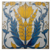 Gelbe Blütenform mit blauen Blätter Fliese (Vorderseite)