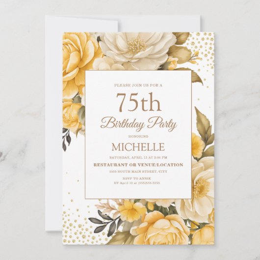 Gelbe Blütengoldblume Glitzer 75. Geburtstag Einladung (Vorderseite)