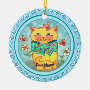 Gelbe Blütenkatze Keramik Ornament