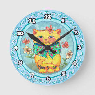 Gelbe Blütenkatze Runde Wanduhr