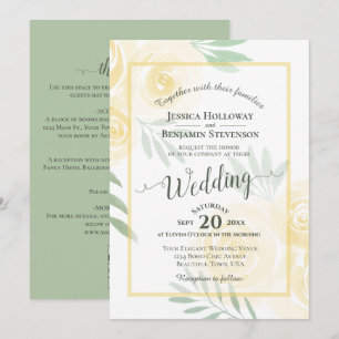 Gelbe Boho-Rosen Kalligrafie & QR-Code Hochzeit Einladung