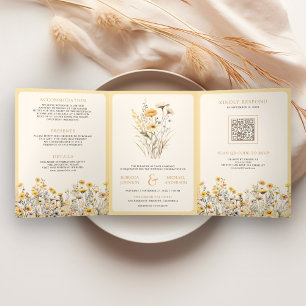 Gelbe Boho-Wildblumen-Foto-QR-Code-Hochzeit Dreifach Gefaltete Einladung