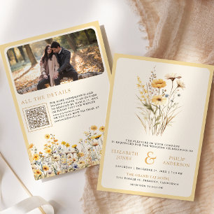 Gelbe Boho-Wildblumen-Foto-QR-Code-Hochzeit Einladung
