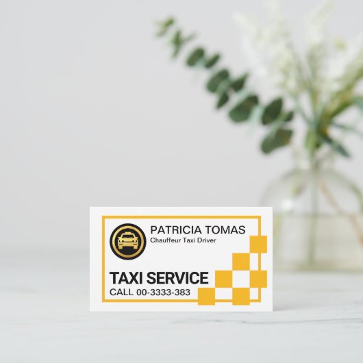 Gelbe Box mit kreativem Karo Rahmen Taxi Visitenkarte (Stehend Vorderseite)