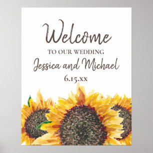 Gelbe braune Sonnenblume weiße Boho-Hochzeitsbegrü Poster