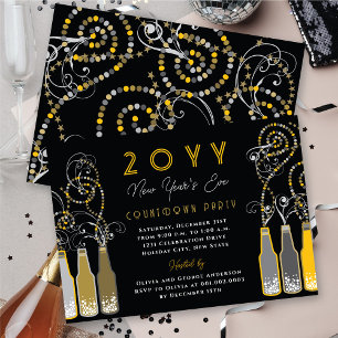 Gelbe Bubbles Flaschen Wirbel Silvester Party Einladung