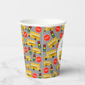 Gelbe Bushaltestelle der Schule Unterschreiben von Pappbecher (Rechts)