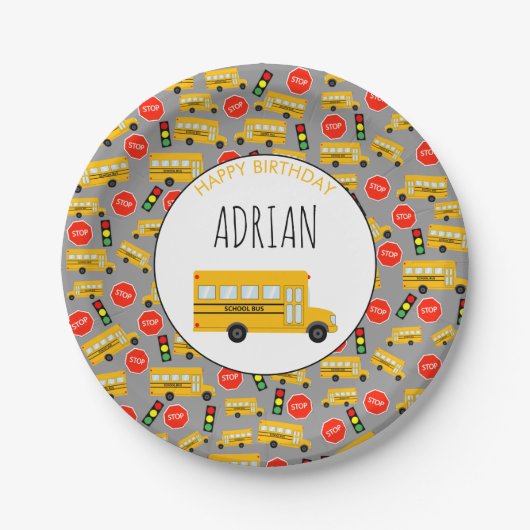 Gelbe Bushaltestelle der Schule Unterschreiben von Pappteller (Vorderseite)