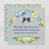 Gelbe Buttercups und blaue Irisgraukarte Einladung (Vorne/Hinten)