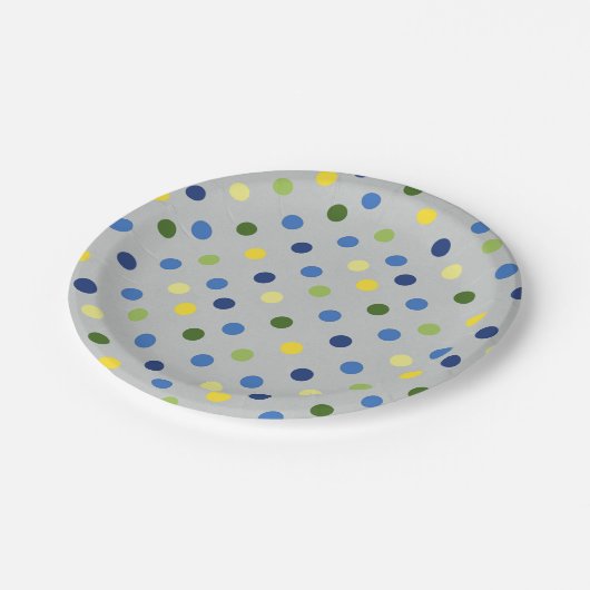 Gelbe Buttercups und Blauer Iris-Punkt Pappteller (Schrägansicht)