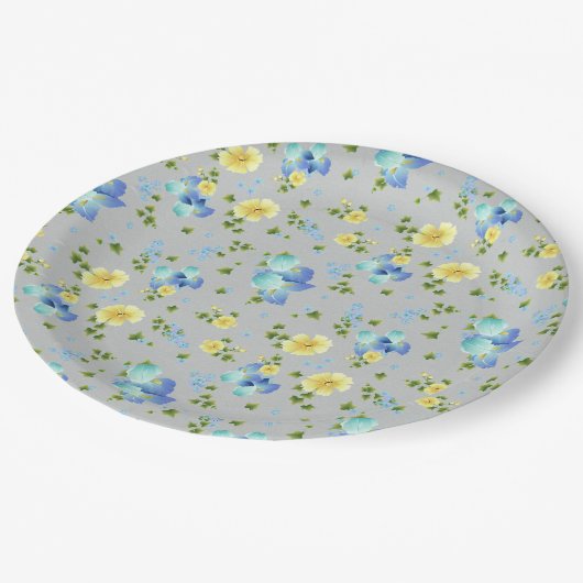 Gelbe Buttercups und blaues Irispapier Pappteller (Schrägansicht)