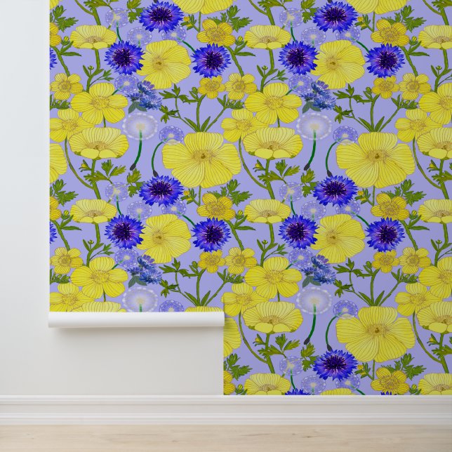 Gelbe Buttertasse und blaue Cornblume Blume Tapete (Anwendung)